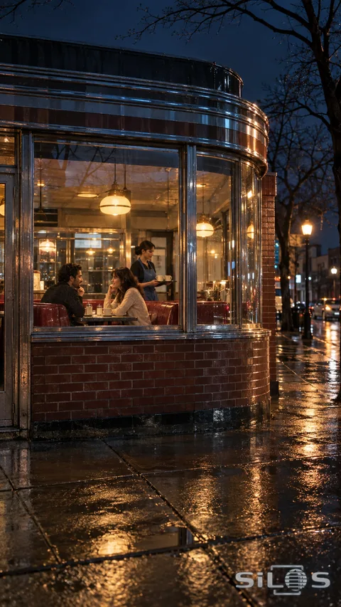 Two adults talk in a diner booth while a server carries cups behind them, seen through warm windows above rain-darkened pavement.