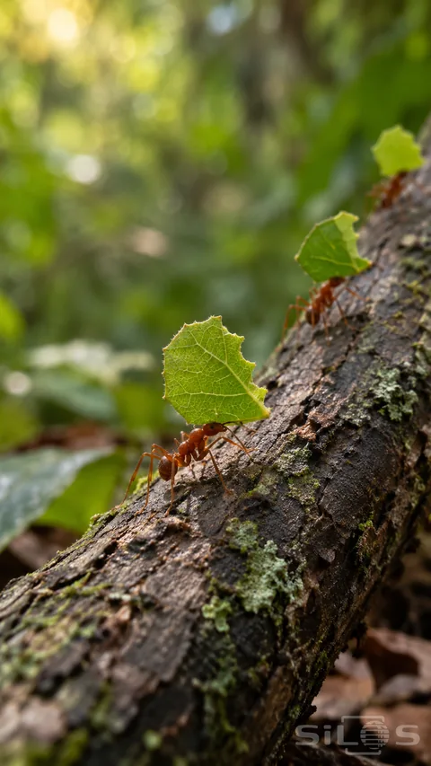 Three reddish-brown ants carry green leaf fragments along a rough diagonal branch; with the nearest ant sharply focused.