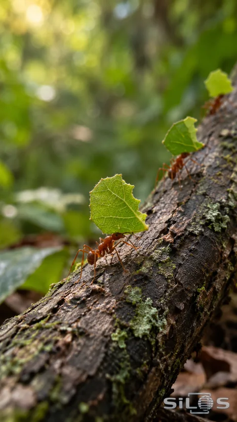 Three reddish-brown ants carry green leaf fragments along a rough diagonal branch, with the nearest ant sharply focused.