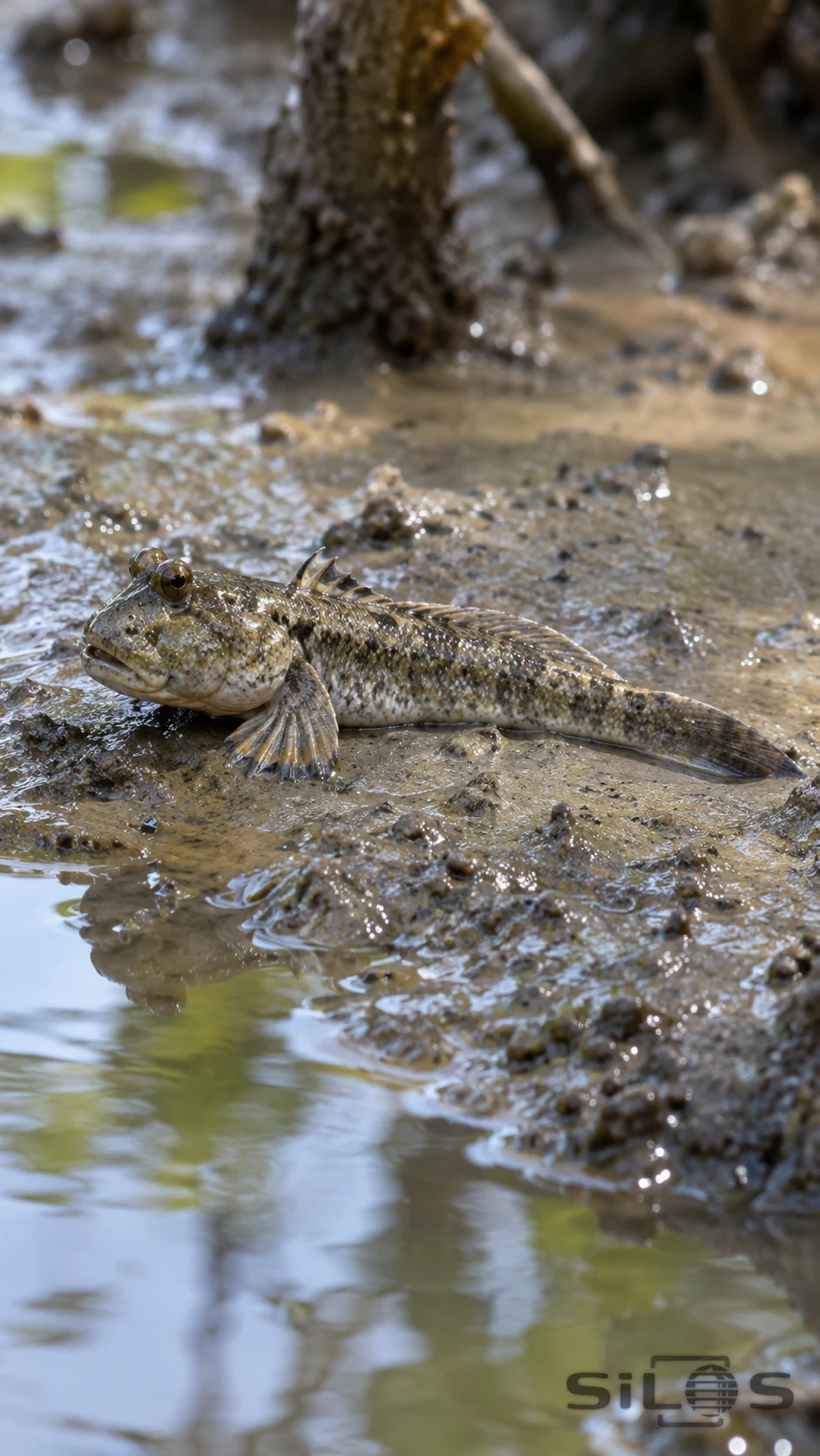 A mottled mudskipper rests on wet tidal mud with raised eyes, one visible ray-supported pectoral fin and tail beside a puddle.