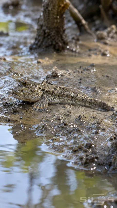 A mottled mudskipper rests on wet tidal mud with raised eyes; one visible ray-supported pectoral fin and tail beside a puddle.