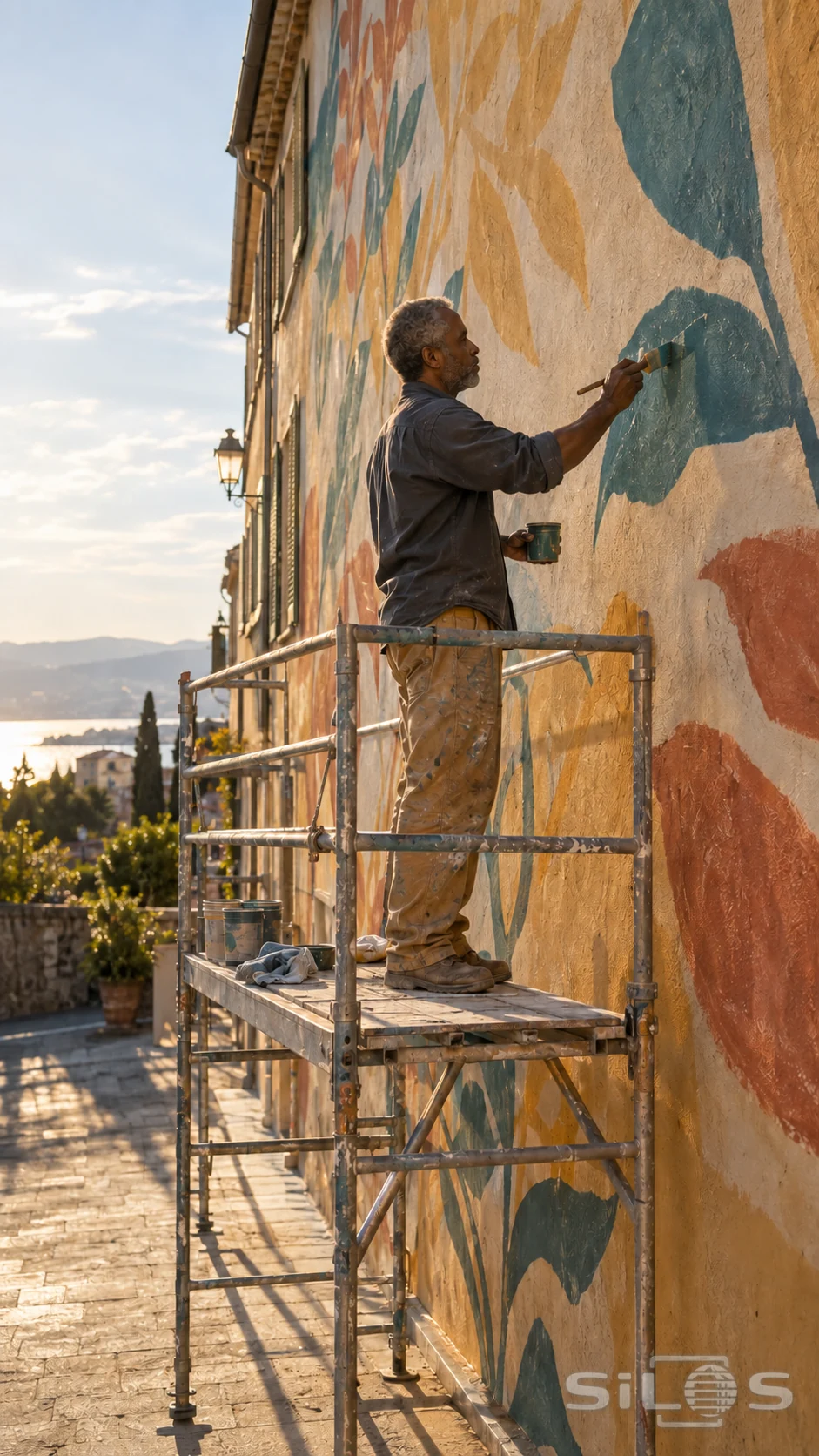 An adult mural painter stands on a scaffold platform, holding a plain paint pot while brushing a teal leaf shape onto a tall stucco wall.