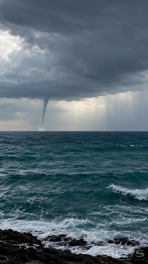 A narrow waterspout meets the distant sea beneath a heavy rain cloud; beyond teal waves and a dark rocky shore.