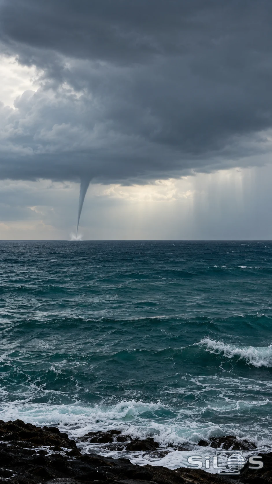 A narrow waterspout meets the distant sea beneath a heavy rain cloud, beyond teal waves and a dark rocky shore.