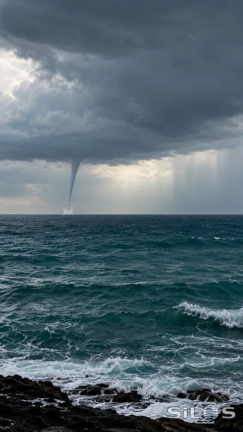 A narrow waterspout meets the distant sea beneath a heavy rain cloud, beyond teal waves and a dark rocky shore.