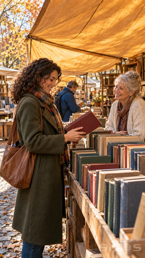 A woman in a moss-green coat holds a plain burgundy book while smiling with a silver-haired vendor at an outdoor book stall under an amber canopy.