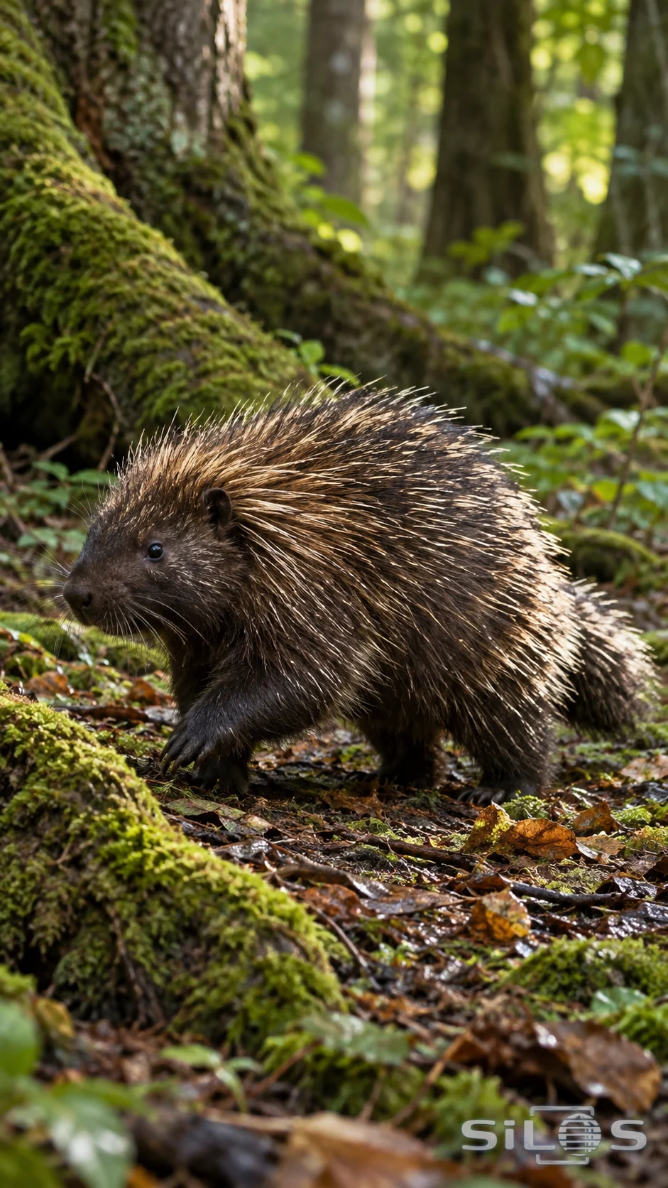 A brown-black porcupine with cream-tipped quills steps over damp leaves beside mossy roots on a shaded woodland floor.