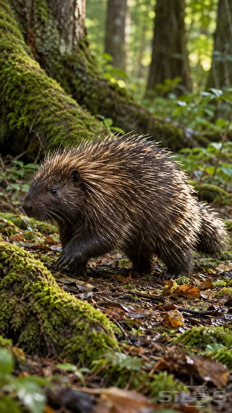A brown-black porcupine with cream-tipped quills steps over damp leaves beside mossy roots on a shaded woodland floor.
