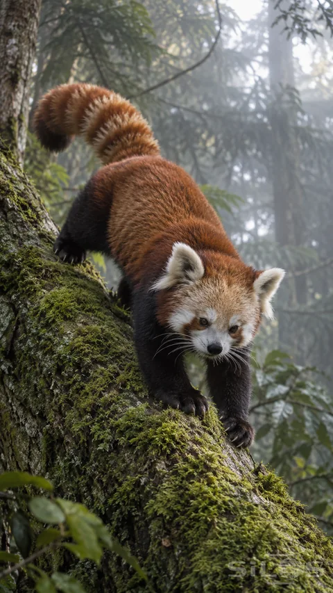 A red panda with russet fur; dark legs; white face markings and a long ringed tail descends a moss-covered forest trunk.