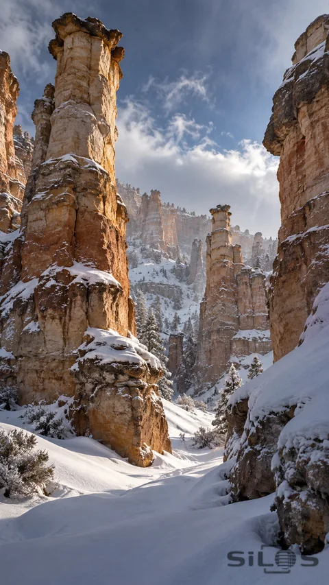 Snow lies between tall ochre hoodoo pillars, with warm light on rock edges and cool shadows across the canyon floor.