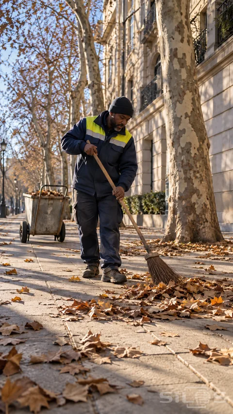 An adult street cleaner sweeps dry leaves with a long broom beside a plain wheeled cart and tall plane trees in low morning sunlight.