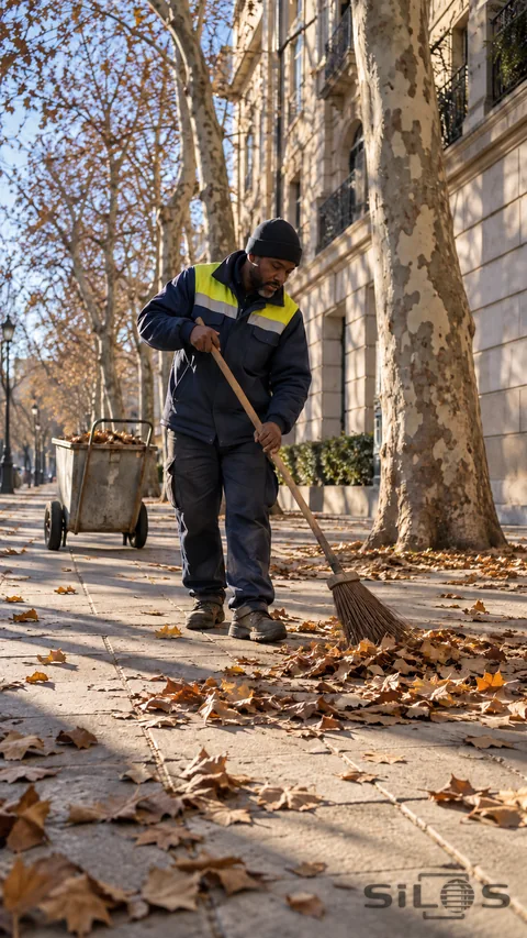 An adult street cleaner sweeps dry leaves with a long broom beside a plain wheeled cart and tall plane trees in low morning sunlight.