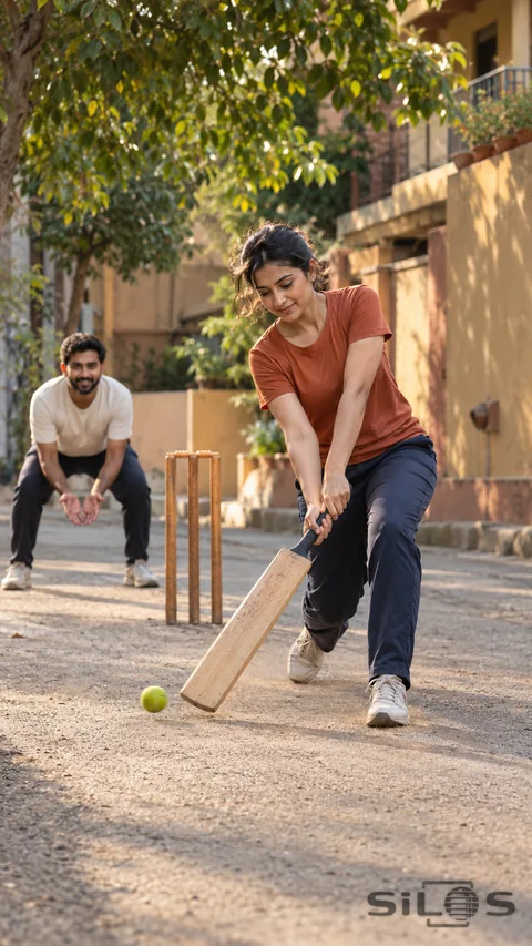 A woman plays a low cricket stroke toward a green tennis ball while an adult wicketkeeper crouches behind three plain wooden stumps in a sunny neighborhood lane.