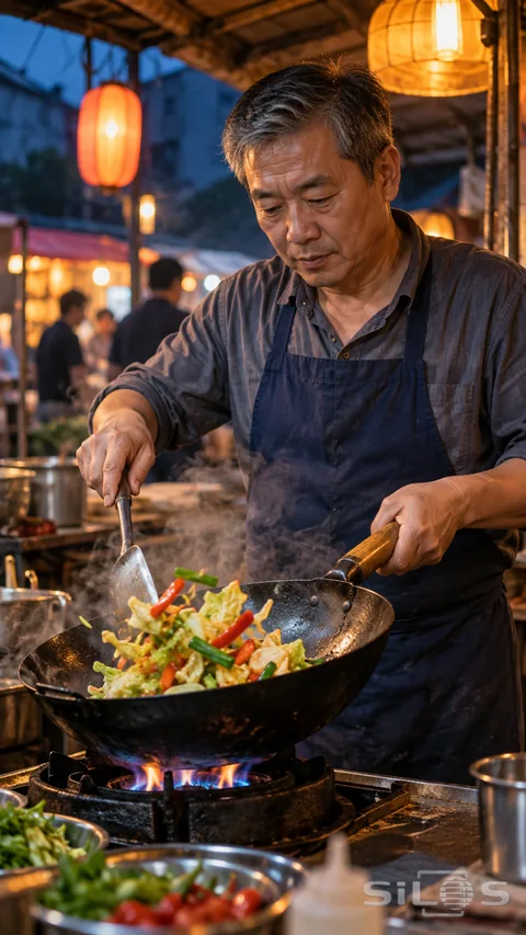 An adult cook holds a wooden-handled wok and a metal spatula over a gas burner, with cabbage, peppers and steam catching warm lantern light.
