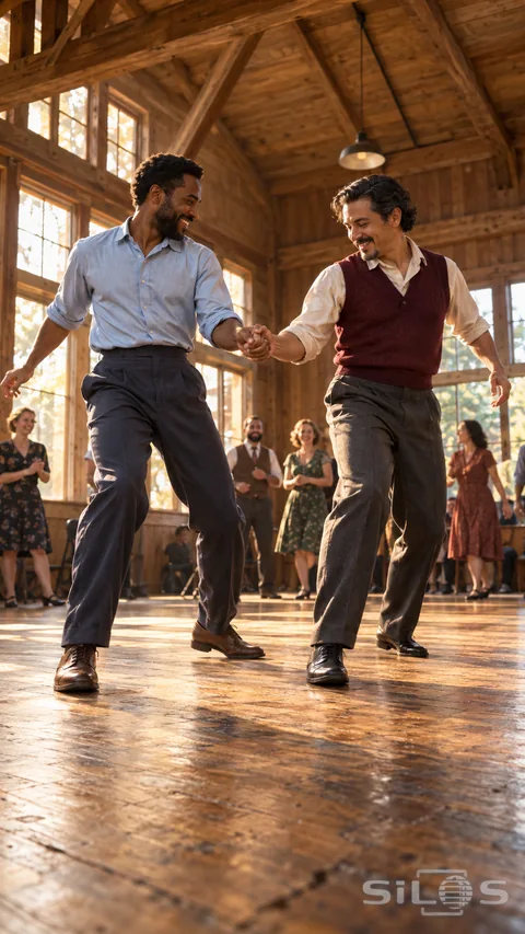 Two adult men in a pale-blue shirt and burgundy vest dance together in a sunlit timber hall while adult onlookers clap behind them.