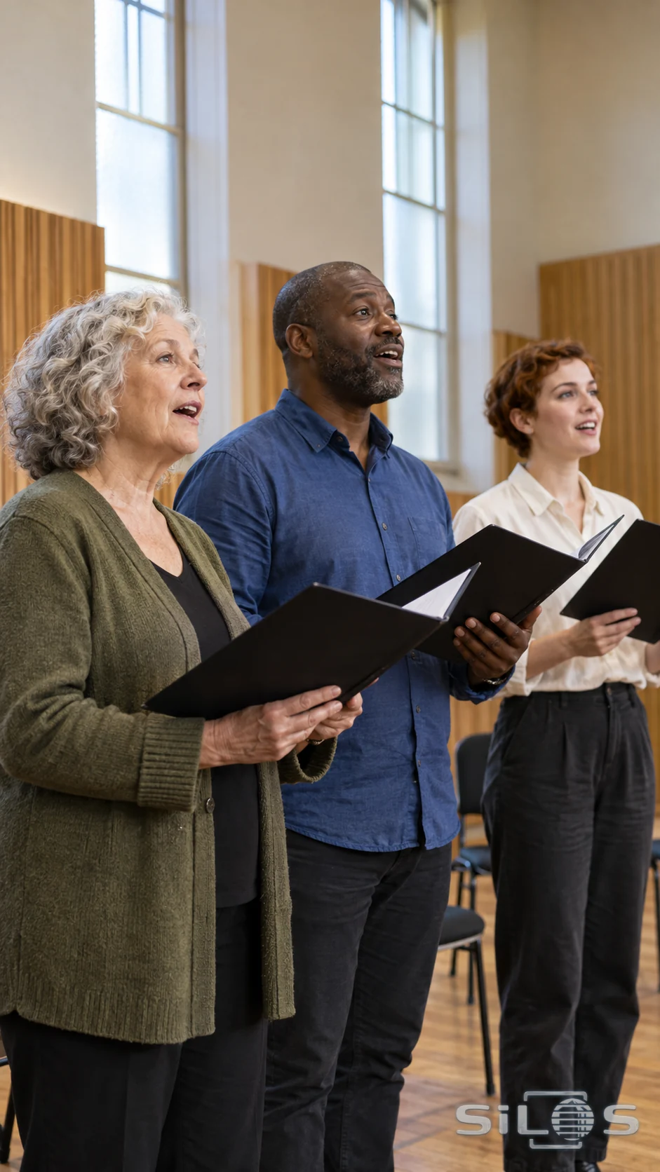 Three adults sing from separate dark folders in a bright rehearsal room with tall frosted windows and acoustic wood panels.