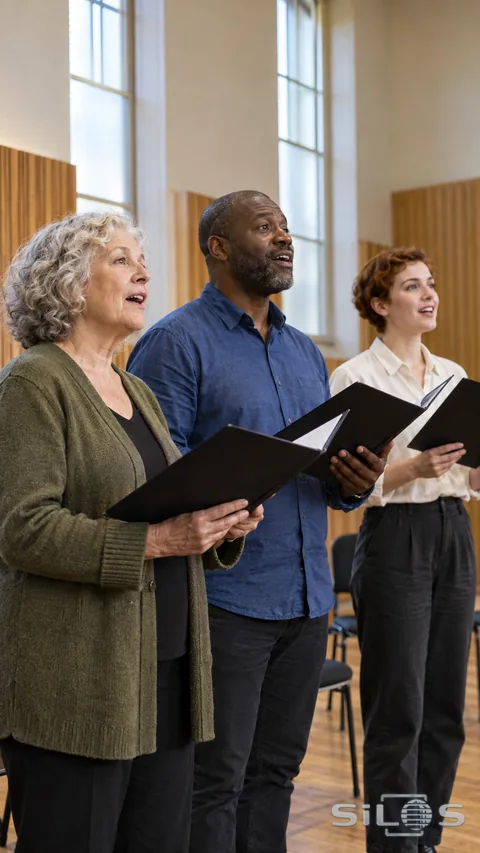 Three adults sing from separate dark folders in a bright rehearsal room with tall frosted windows and acoustic wood panels.