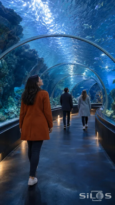 Three adults walk along a dry curved aquarium tunnel beneath blue water and small fish, with the nearest visitor wearing a burnt-orange coat.