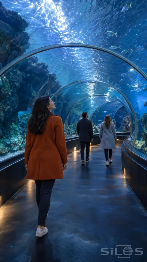 Three adults walk along a dry curved aquarium tunnel beneath blue water and small fish, with the nearest visitor wearing a burnt-orange coat.