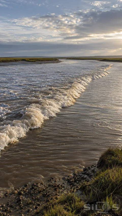 A low continuous foamy wave front runs diagonally across brown-gray estuary water between low mud banks and salt grass under broken cloud.