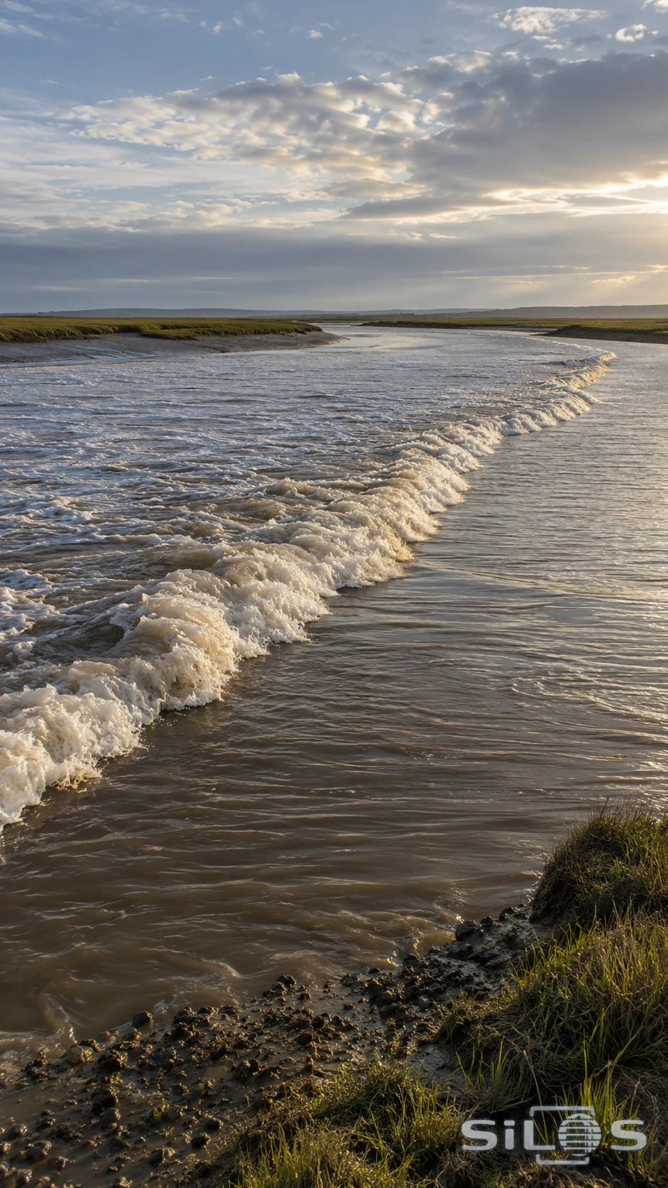 A low continuous foamy wave front runs diagonally across brown-gray estuary water between low mud banks and salt grass under broken cloud.