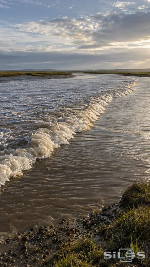 A low continuous foamy wave front runs diagonally across brown-gray estuary water between low mud banks and salt grass under broken cloud.