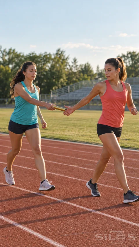 Two adult runners in turquoise and coral tops practice passing one gold baton on a rust-red track.