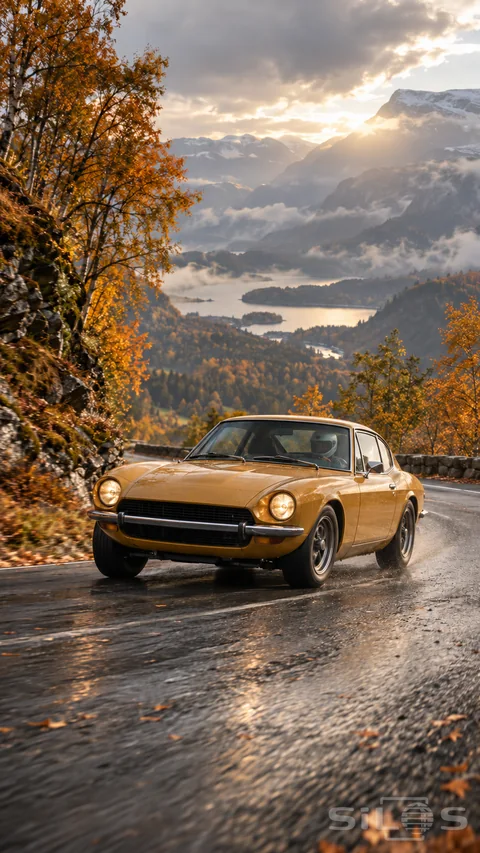 An ochre coupe follows a wet mountain hairpin below golden trees and a sunlit misty valley.