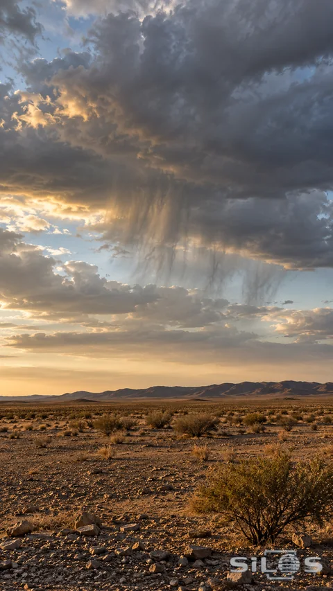 Feathery gray precipitation wisps fade beneath dark clouds above a dry scrub-covered desert plain at sunset.