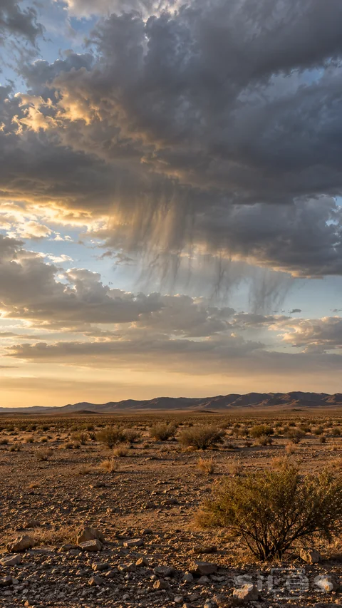 Feathery gray precipitation wisps fade beneath dark clouds above a dry scrub-covered desert plain at sunset.