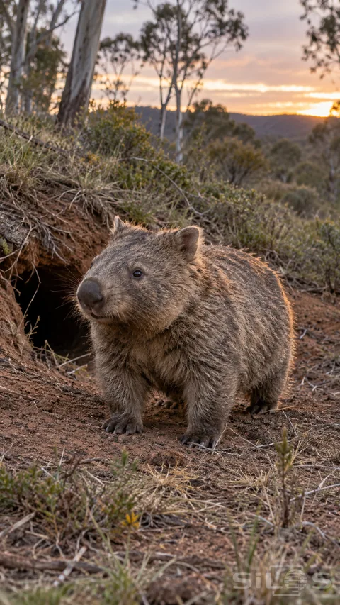 A stocky gray-brown wombat stands on earthy ground beside a dark burrow opening; with pale tree trunks and a warm dusk sky behind.