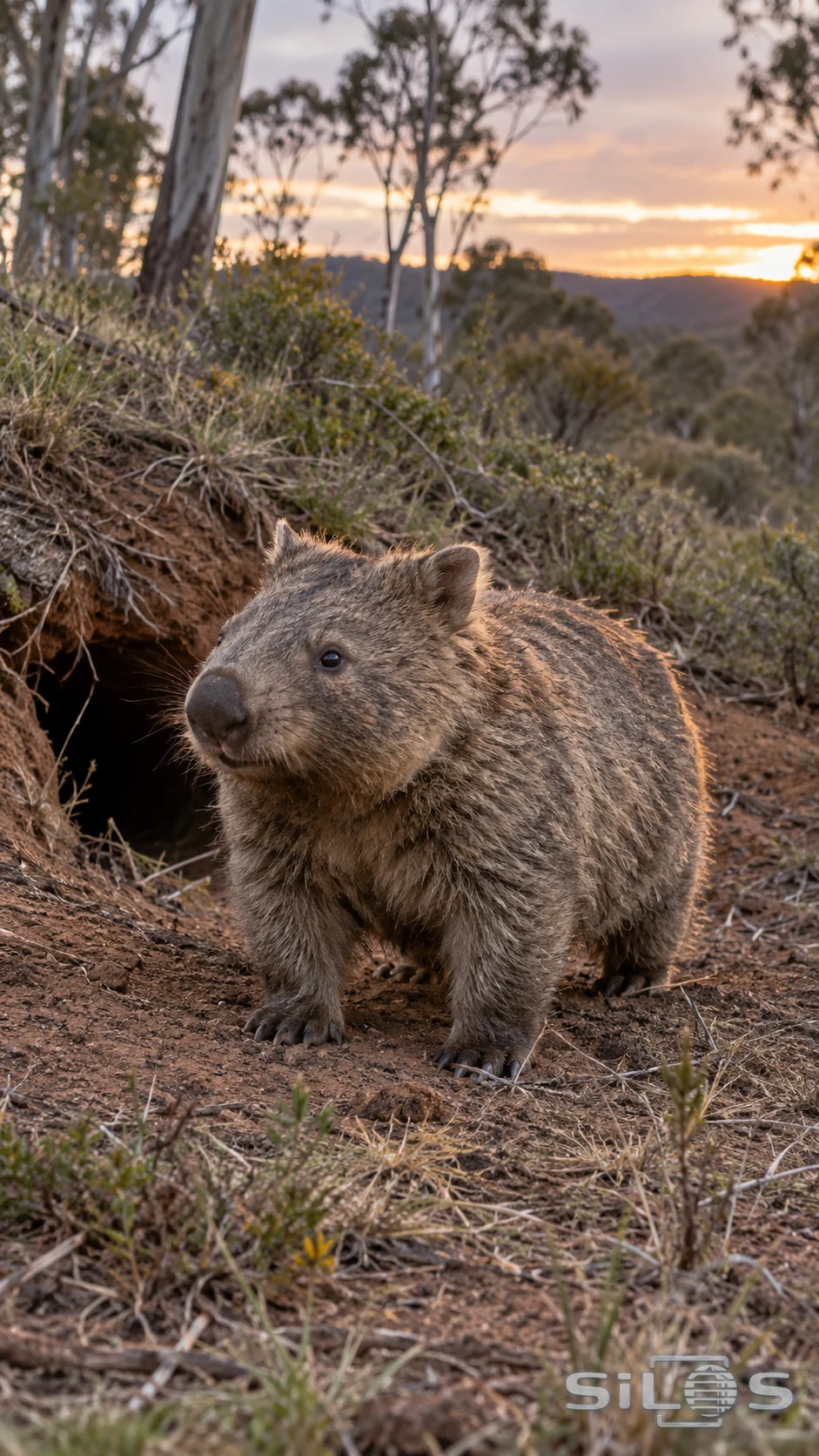 A stocky gray-brown wombat stands on earthy ground beside a dark burrow opening, with pale tree trunks and a warm dusk sky behind.