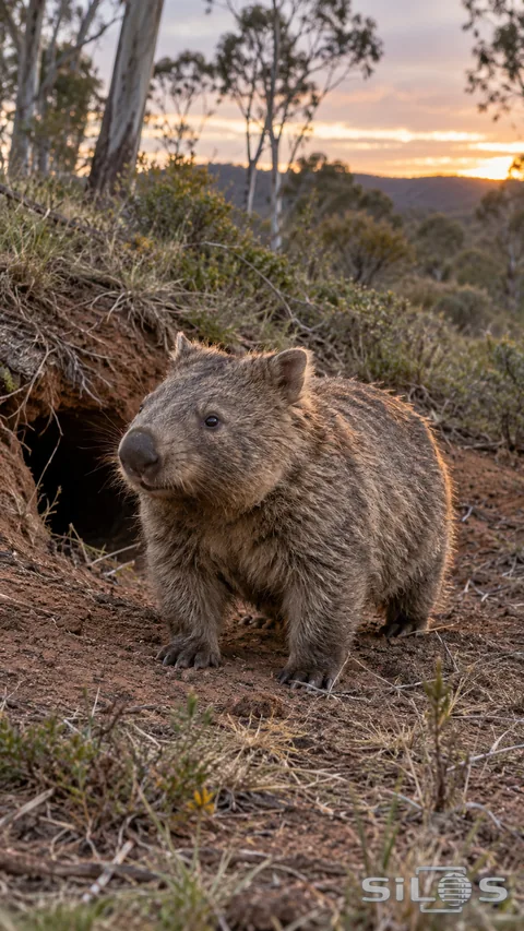 A stocky gray-brown wombat stands on earthy ground beside a dark burrow opening, with pale tree trunks and a warm dusk sky behind.