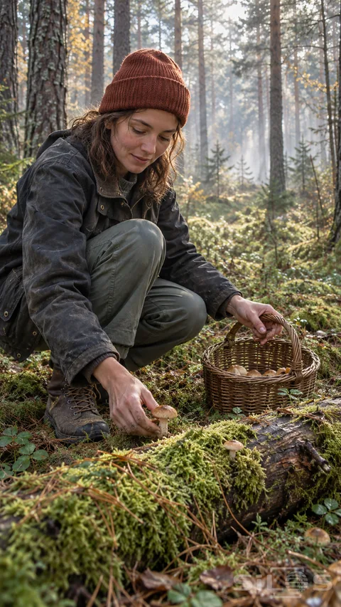 A woman crouches on a mossy pine woodland floor; reaching for a small mushroom beside a woven basket.