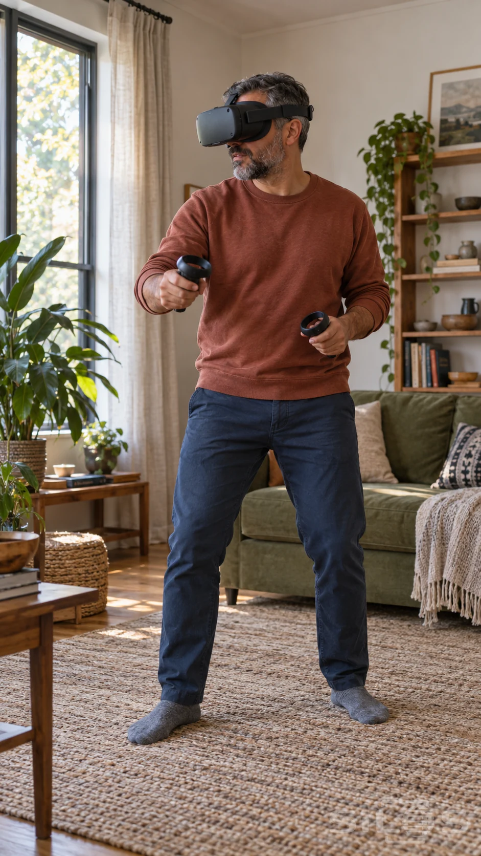 An adult plays with a plain VR headset and two controllers in a spacious daylight living room.
