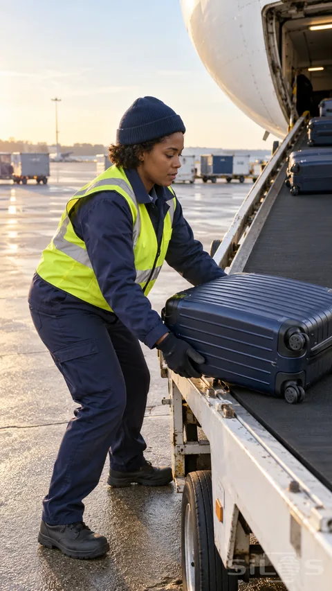 A baggage handler lowers one suitcase onto a belt beside an aircraft in early light.