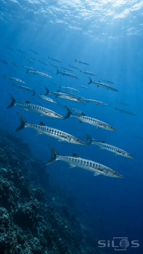 A loose school of slender barracuda moves through clear blue water above a distant reef slope.