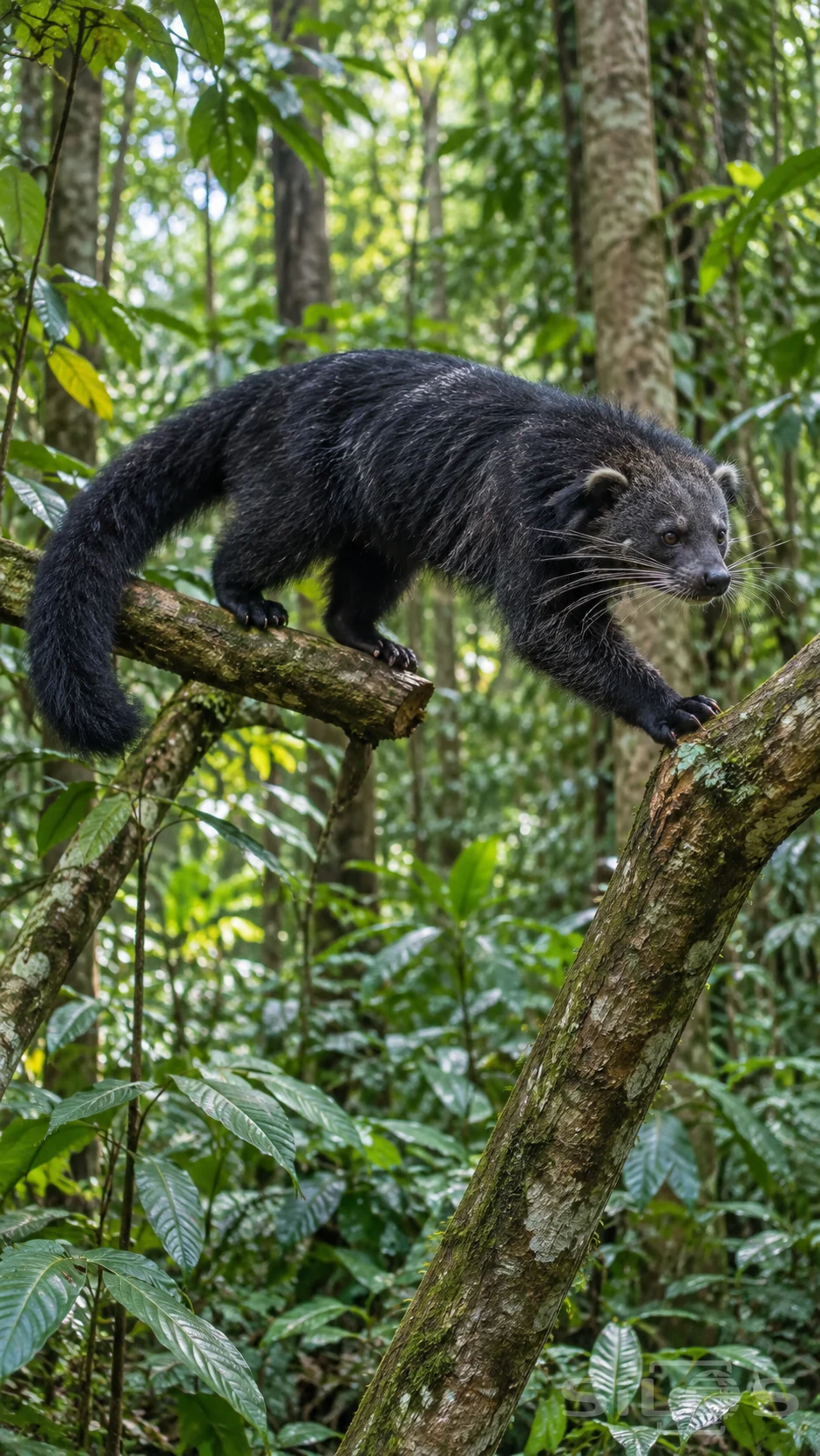 A shaggy binturong crosses angled branches above a green rainforest understory.