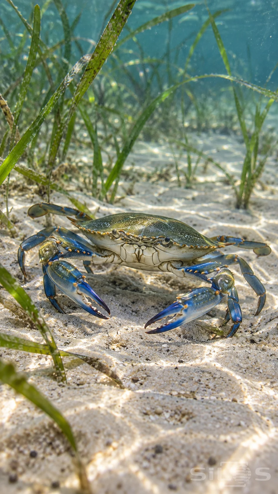 A blue swimming crab walks across pale sand between sparse seagrass blades in clear shallow water.