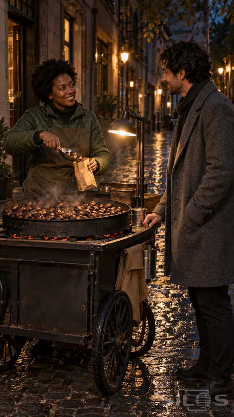 A chestnut vendor fills a plain paper bag for a customer beside a warmly lit street cart.