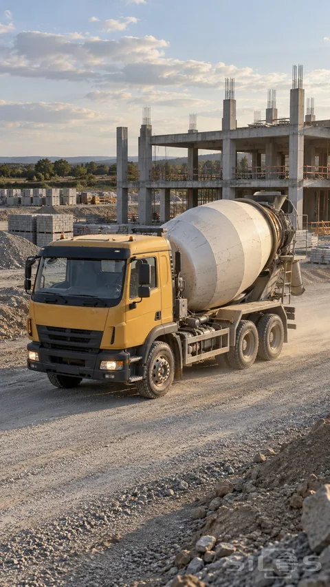 A concrete mixer truck follows a gravel approach toward a construction site in low afternoon light.
