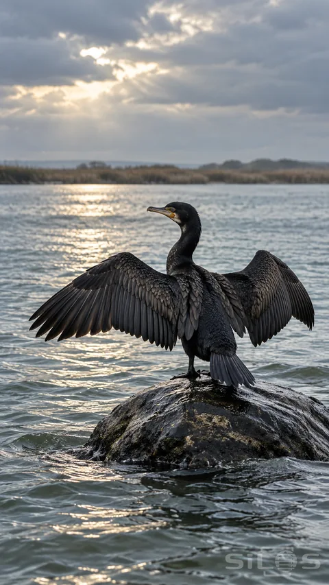 A cormorant spreads its wings on a wet shoreline boulder above cool estuary water.