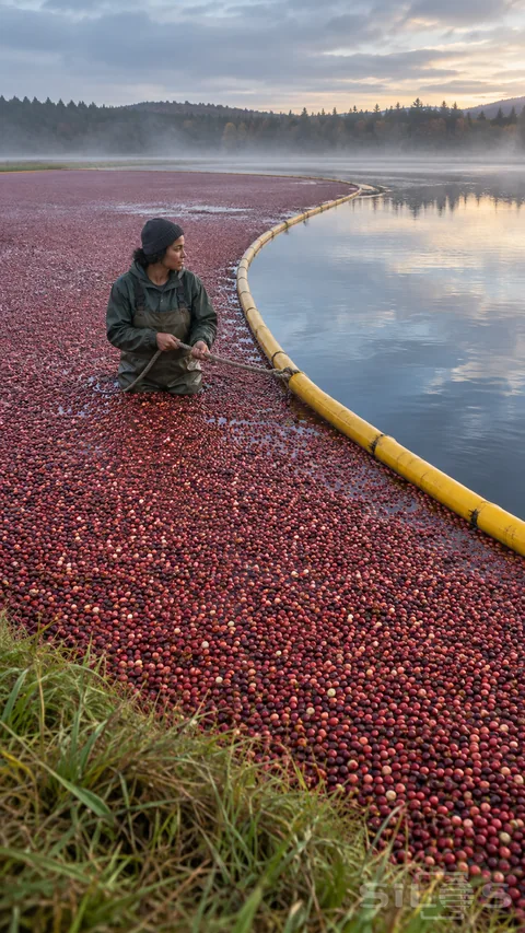 An adult guides a floating yellow boom through a flooded cranberry bed at misty dawn.