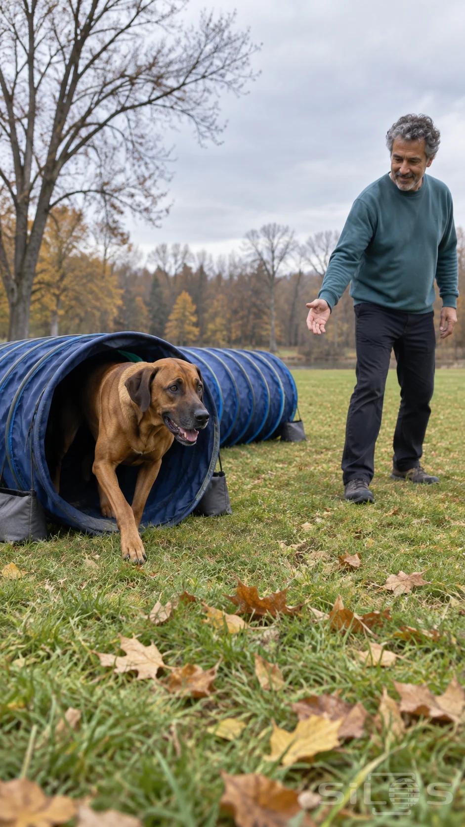 A brown dog emerges from an agility tunnel while an adult gives a gentle cue across an open park lawn.