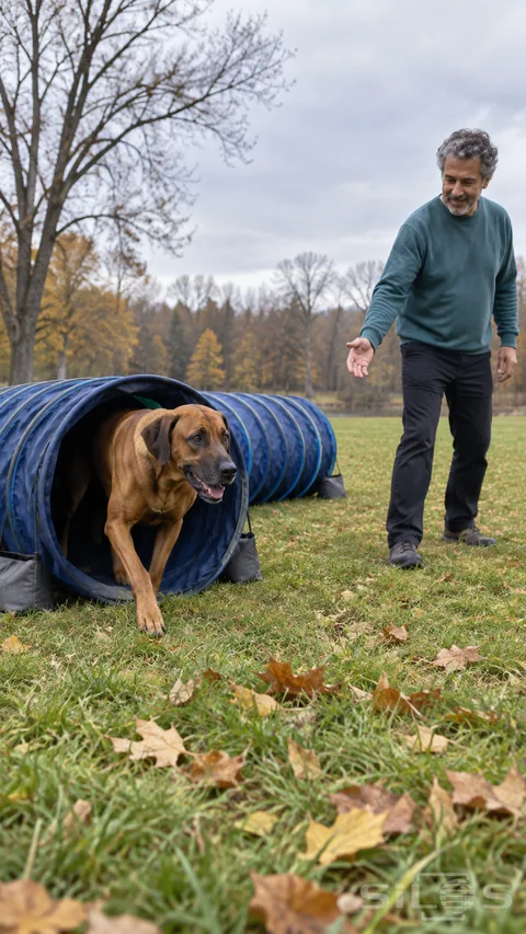 A brown dog emerges from an agility tunnel while an adult gives a gentle cue across an open park lawn.