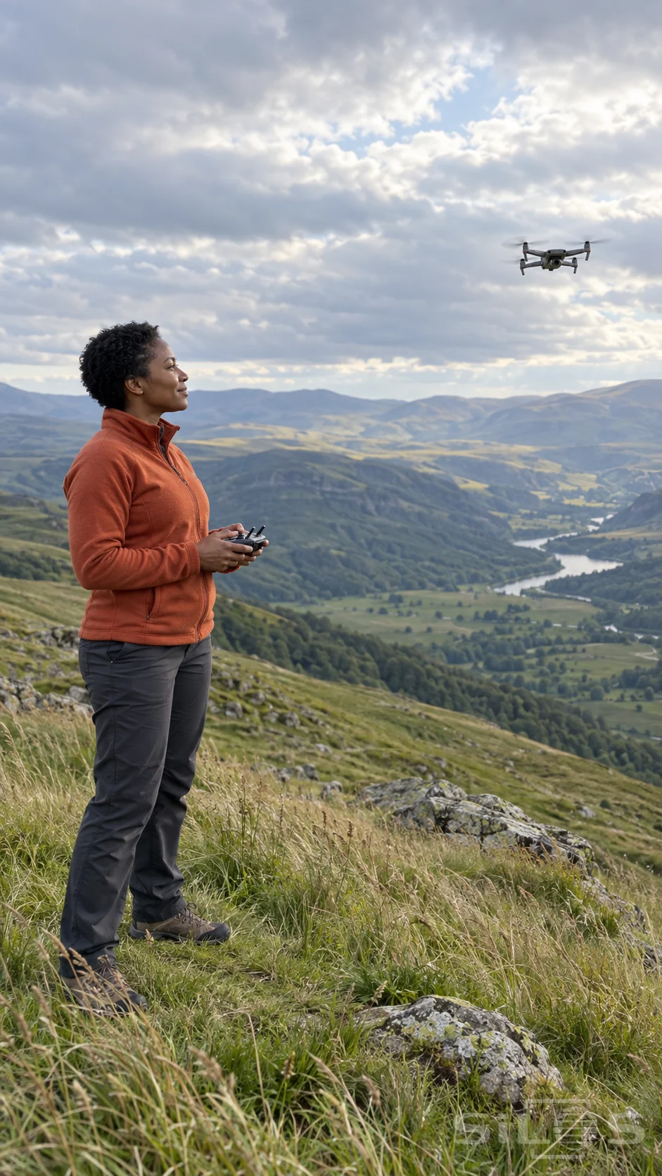 An adult operates a plain drone from an open grassy ridge above a broad quiet valley.