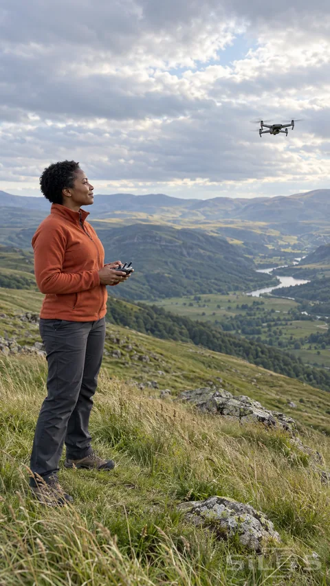 An adult operates a plain drone from an open grassy ridge above a broad quiet valley.