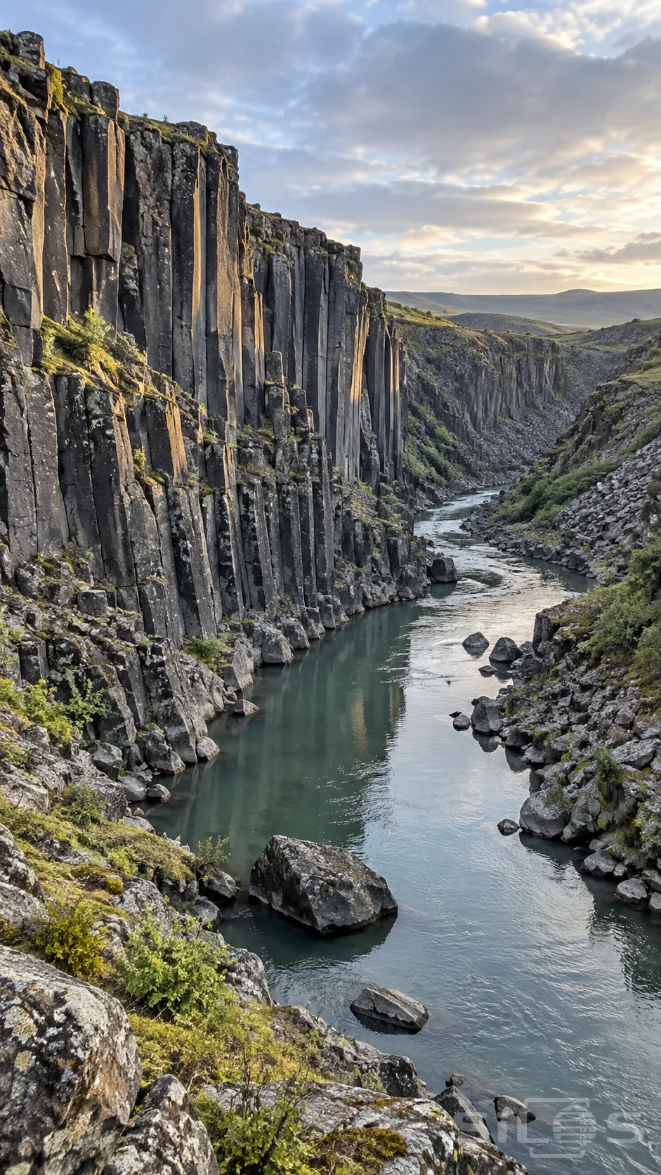 A narrow green-gray river curves beneath irregular dark stone columns and loose rocky banks under cloud-filtered side light.