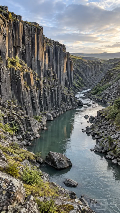 A narrow green-gray river curves beneath irregular dark stone columns and loose rocky banks under cloud-filtered side light.