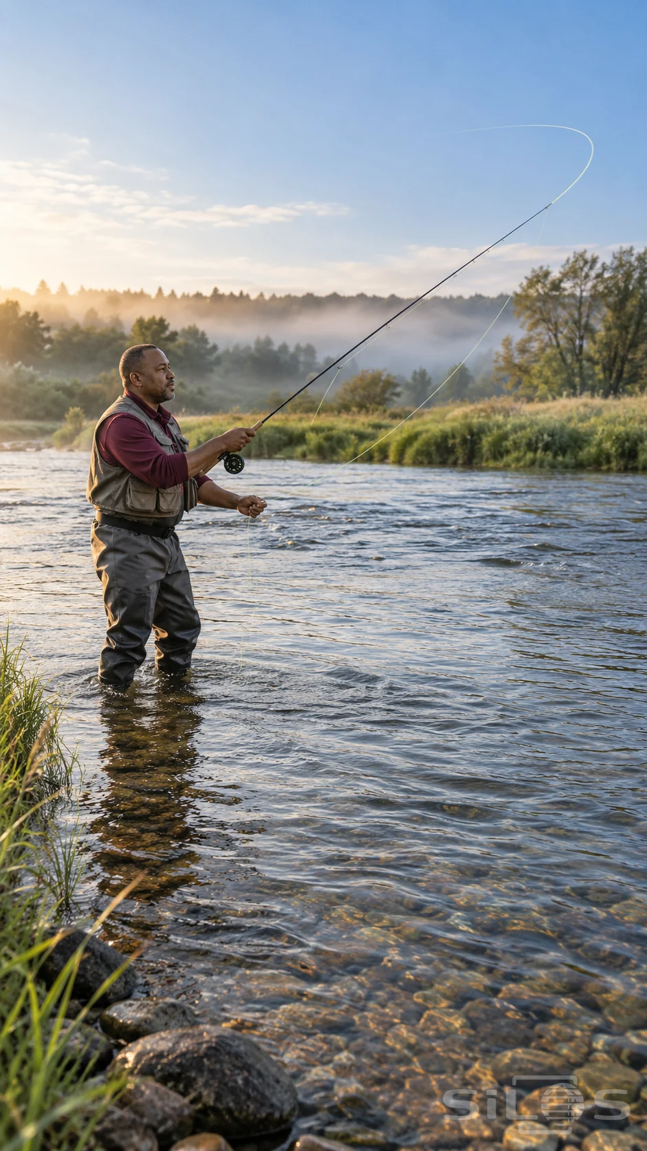 An angler casts a fly line while standing in a shallow river beside an open meadow.